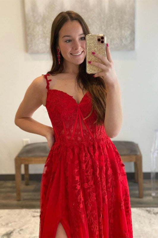 A Line V Neck High Leg Slit Red Prom Dresses LBQ1061