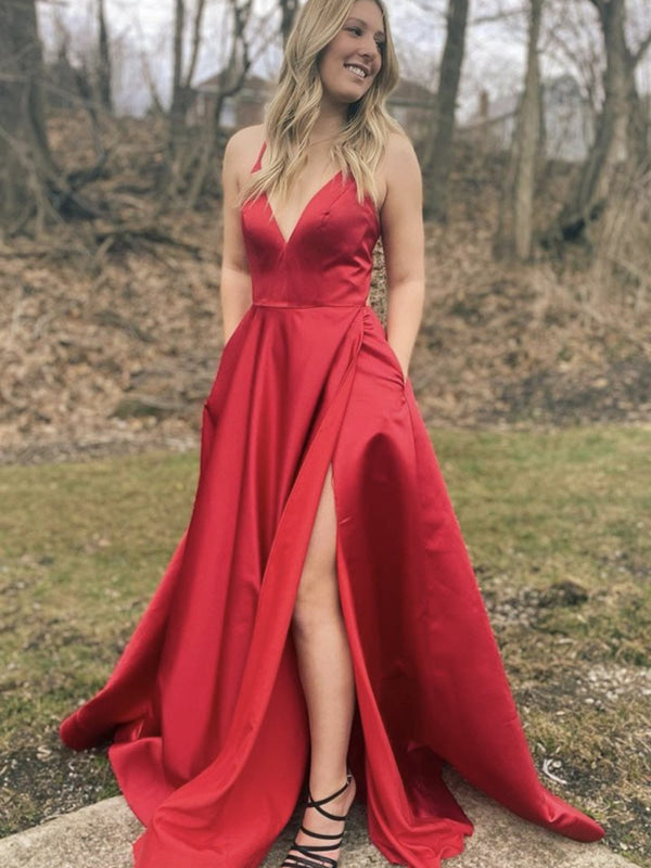 Elegant Red Long-Sleeve Prom Gown with High Slit and Pleated Details