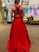A Line V Neck Red Satin Long Prom Dresses with Pocket, V Neck Red Formal Graduation Evening Dresses 