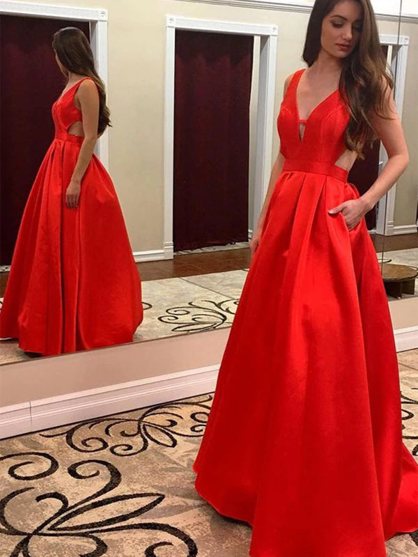 A Line V Neck Red Backless Long Prom Dresses, Red A Line V Neck Open Back Formal Evening Dresses main image 1