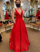 A Line V Neck Red Satin Long Prom Dresses with Pocket, V Neck Red Formal Graduation Evening Dresses 