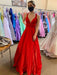 A Line V Neck Red Satin Long Prom Dresses with Pocket, V Neck Red Formal Graduation Evening Dresses 