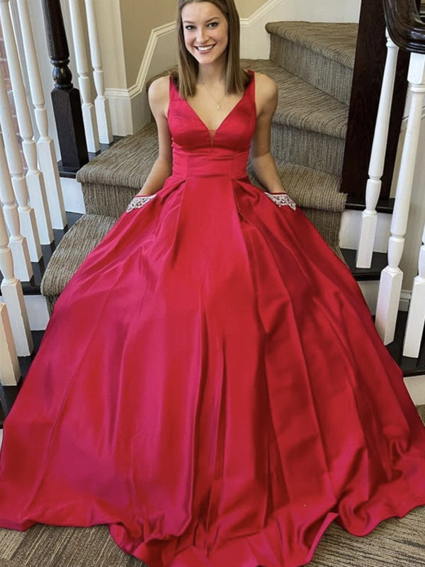 A Line V Neck Red Backless Long Prom Dresses, Red A Line V Neck Open Back Formal Evening Dresses