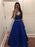 A Line V Neck Royal Blue Long Prom Dresses with Belt, Royal Blue Formal Dresses, Evening Dresses