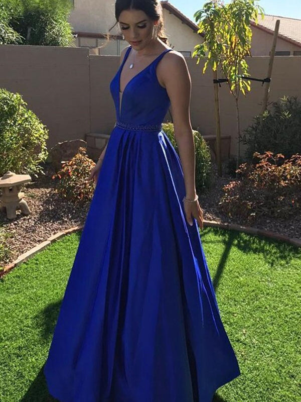 A-line V Neck Royal Blue Satin Evening Dress Graduation Dress Y433 main image 1