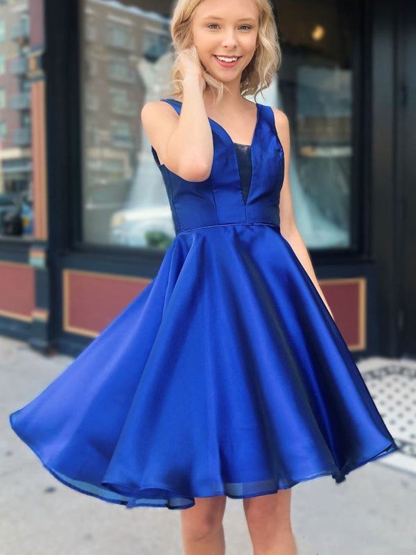 A Line V Neck Royal Blue Short Prom Dresses, V Neck Royal Blue Homecom