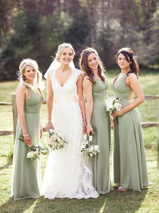 A-Line V-Neck Ruched Green Chiffon Bridesmaid Dress - Bridesmaid Dresses