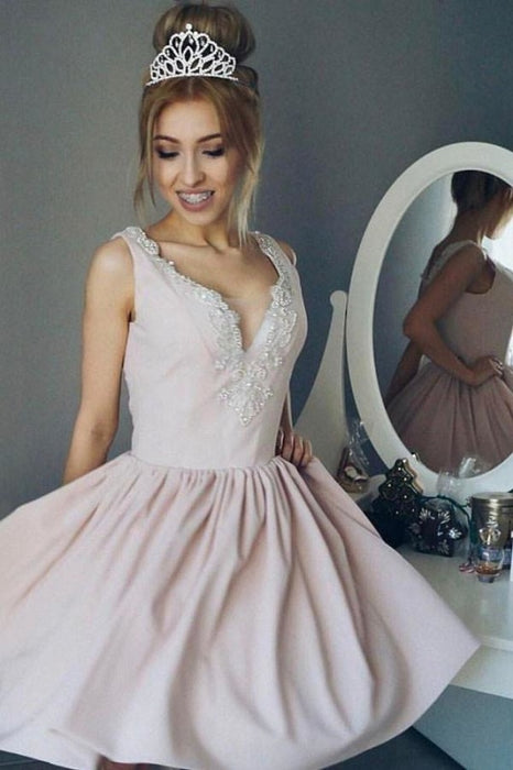 A-Line V-Neck Ruched Short Pearl Pink Satin Homecoming with Beading Mini Prom Dress - Prom Dresses