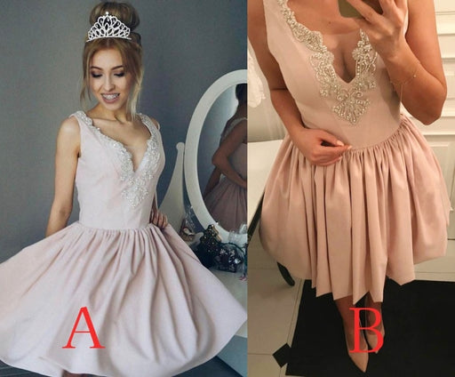 A-Line V-Neck Ruched Short Pearl Pink Satin Homecoming with Beading Mini Prom Dress - Prom Dresses