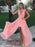 A Line V Neck Ruffles Pink Chiffon Long Prom Dresses, Pink V Neck Formal Dresses, Pink Long Evening Dresses
