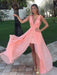 A Line V Neck Ruffles Pink Chiffon Long Prom Dresses, Pink V Neck Formal Dresses, Pink Long Evening Dresses