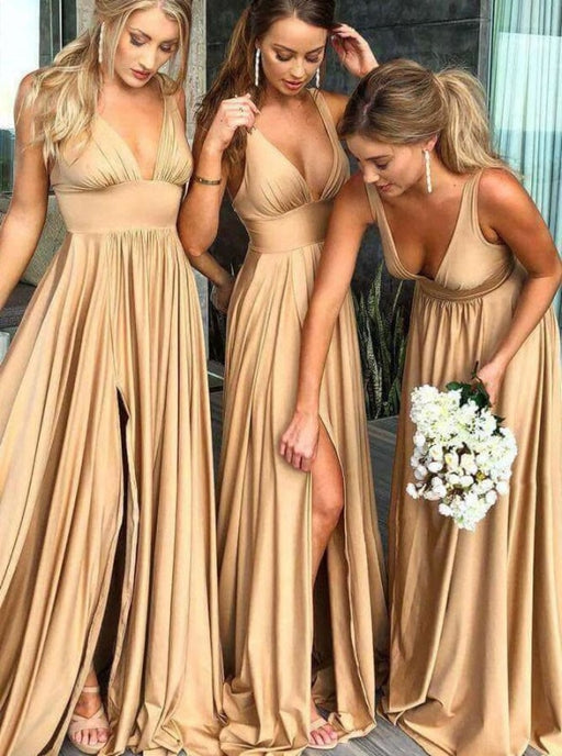 A-Line V-Neck Satin Floor Length Prom Evening Bridesmaid Dress - Bridesmaid Dresses