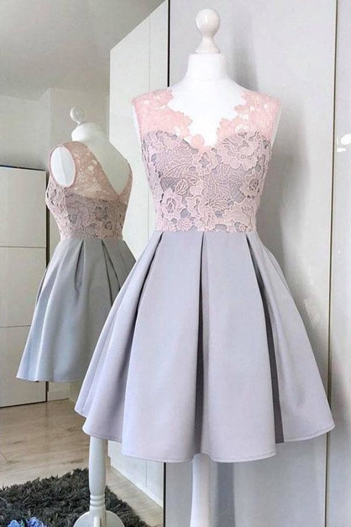 A-Line V-Neck Satin Homecoming with Lace Simple Sleeveless Graduation Dress - Prom Dresses