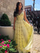 A Line V Neck Sequin Appliques Yellow Long Prom Dresses, V Neck Yellow Formal Dresses, Yellow Evening Dresses