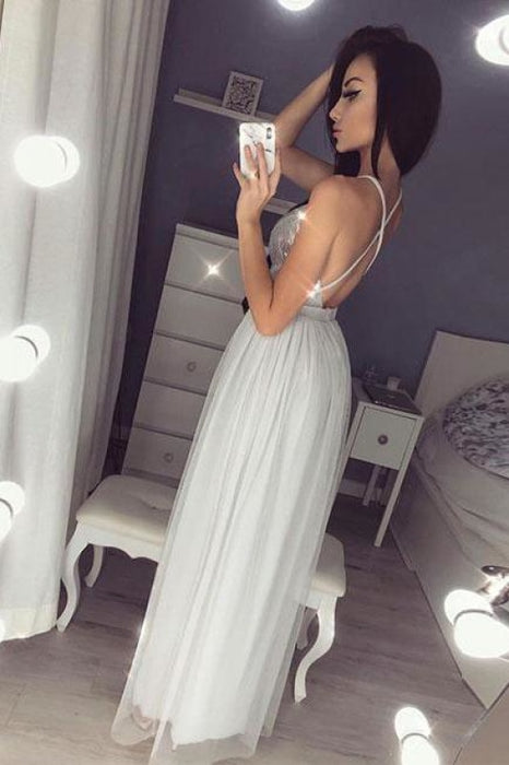 A Line V Neck Sequined Party Silver Spaghetti Straps Sleeveless Tulle Prom Dress - Prom Dresses