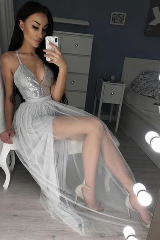 A Line V Neck Sequined Party Silver Spaghetti Straps Sleeveless Tulle Prom Dress - Prom Dresses
