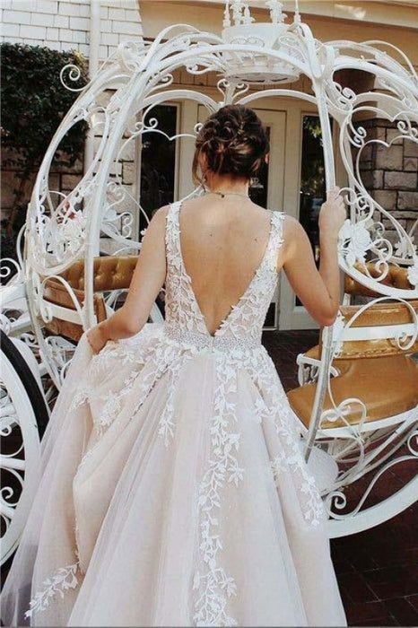 A-line V Neck Sexy Lace Appliques Long Wedding Dress - Wedding Dresses