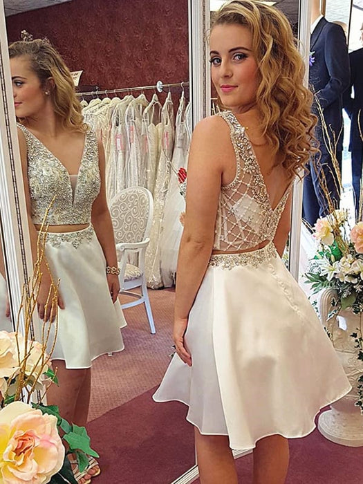 A Line V Neck Short 2 Pieces Beaded Prom, Two Pieces White Beaded Form Bridelily A Line V Neck Short 2 Pieces Beaded Prom, Two Pieces White Beaded Form Bridelily