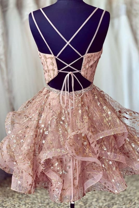 A-line Scoop Criss Cross Backless Lace Short Prom Dress Homecoming Dress