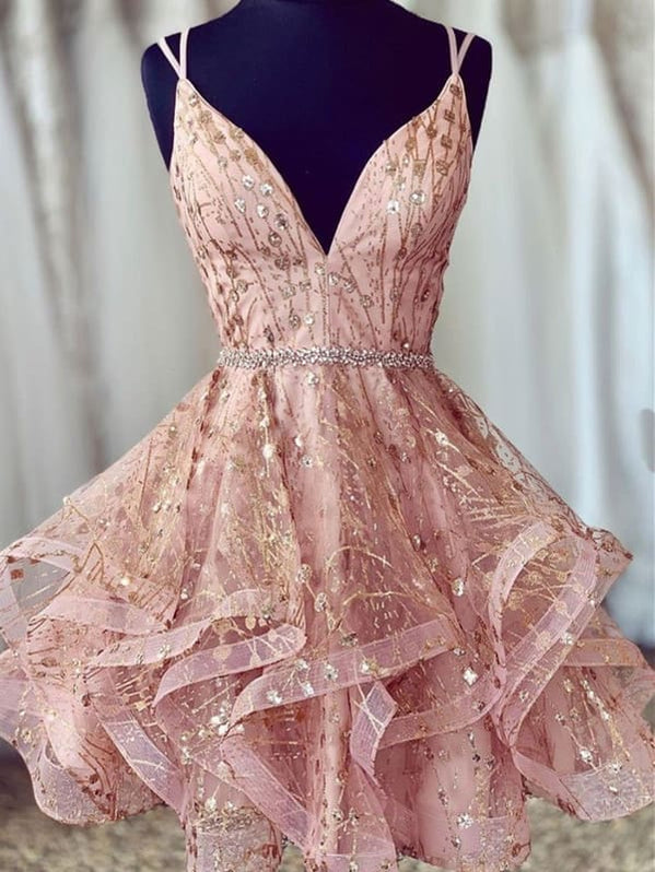 A Line V Neck Short Champagne Lace Wedding Dresses, Short Champagne Lace Formal Prom Dresses main image 1