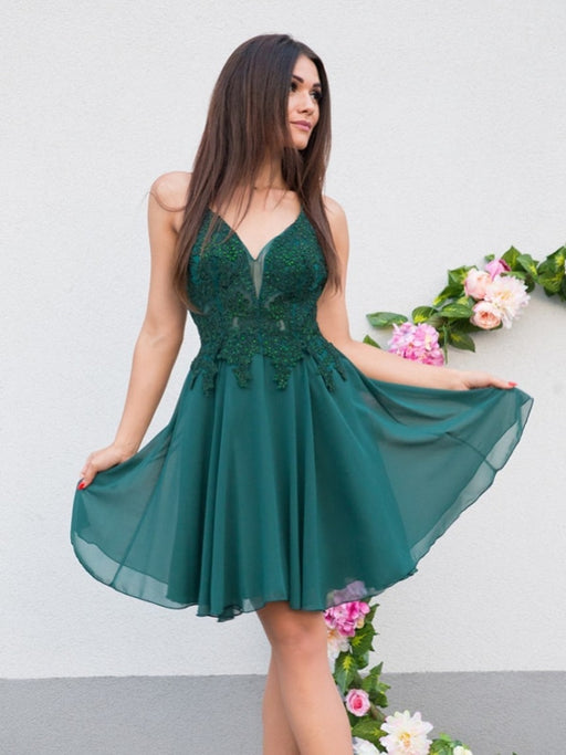 A Line V Neck Short Pink Green Lace Prom Dresses, V Neck Short Lace Prom Dresses