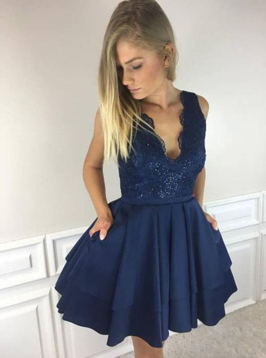 A-Line V-Neck Short Satin Homecoming Dress with Lace Top Mini Sleeveless Party Dresses - Prom Dresses