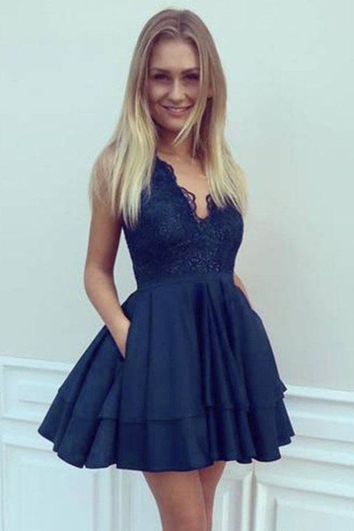 A-Line V-Neck Short Satin Homecoming Dress with Lace Top Mini Sleeveless Party Dresses - Prom Dresses
