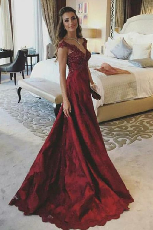 A Line V Neck Cheap Long Red Prom Dresses Under 100 - Bridelily A Line V Neck Cheap Long Red Prom Dresses Under 100 - Bridelily