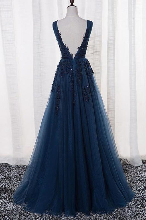 A Line V Neck Sleeveless Appliques Prom with Beads Floor Length Tulle Evening Dress - Prom Dresses