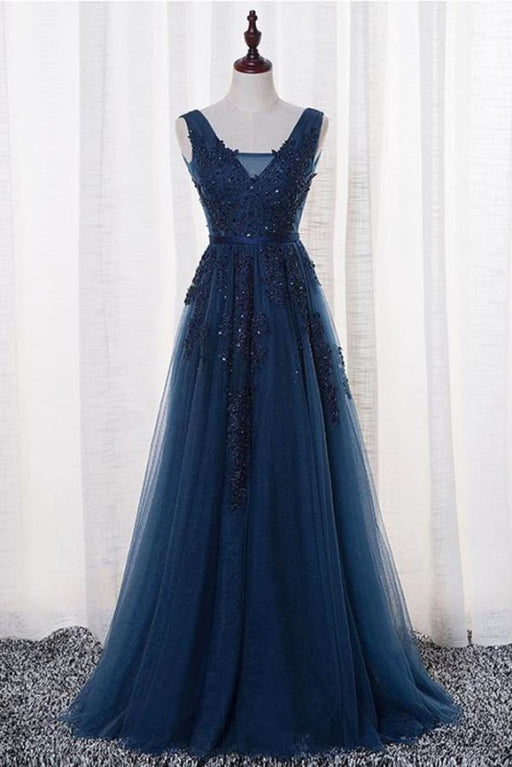 A Line V Neck Sleeveless Appliques Prom with Beads Floor Length Tulle Evening Dress - Prom Dresses