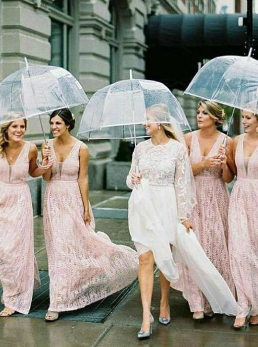 A-Line V-Neck Sleeveless Lace Pink Lace Bridesmaid Dress - Bridesmaid Dresses