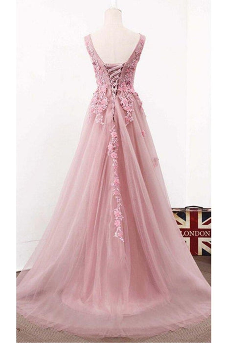 A Line V Neck Sleeveless Tulle Long with Flowers Cheap Party Prom Dress - Prom Dresses