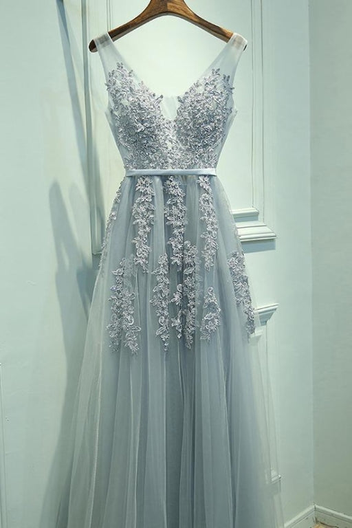 A-Line V-Neck Sleeveless Tulle Prom with Lace Appliques Long Homecoming Dress - Prom Dresses