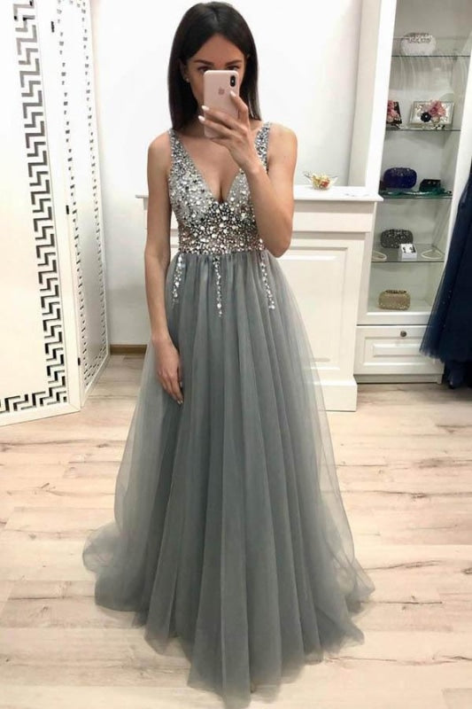 A Line V Neck Sleeveless Tulle Prom with Sequins and Beading Sparkly Formal Dress - Prom Dresses