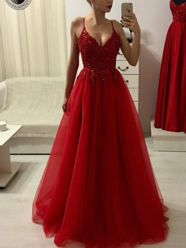 Simple v neck burgundy long prom dress, Spaghetti strap evening dress
