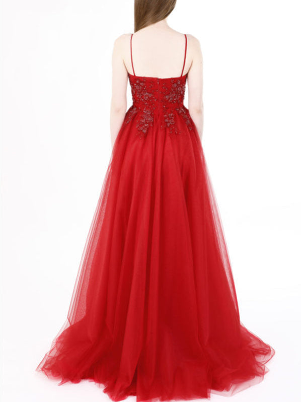 A-Line V Neck Spagehtti Straps Sleeveless Ruffles Tiered Open Back Prom Dress WU1663 main image 0