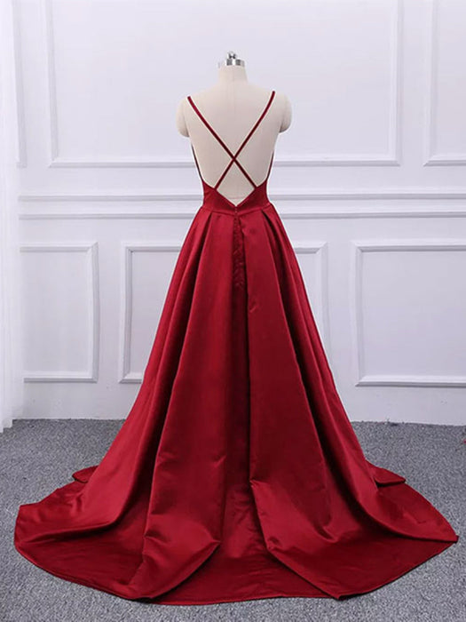 A Line V Neck tti Straps Backless Burgundy Satin Long Prom Dresses, V Neck Burgundy Formal Dresses, Burgundy Evening Dresses