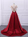 A Line V Neck tti Straps Backless Burgundy Satin Long Prom Dresses, V Neck Burgundy Formal Dresses, Burgundy Evening Dresses