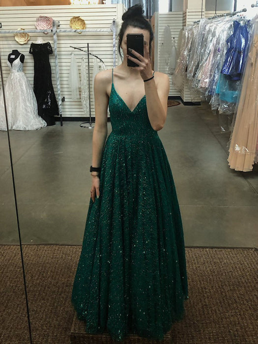 A Line V Neck tti Straps Backless Dark Green Prom Dresses, Dark Green Formal Dresses, Evening Dresses