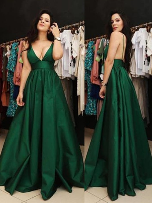 A Line V Neck tti Straps Backless Satin Dark Green Prom Dresses with Pockets, Dark Green Backless Formal Dresses, Evening Dresses