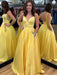A Line V Neck tti Straps Backless Satin Yellow Long Prom Dresses with Pocket, Yellow Graduation Dresses, Evening Dresses