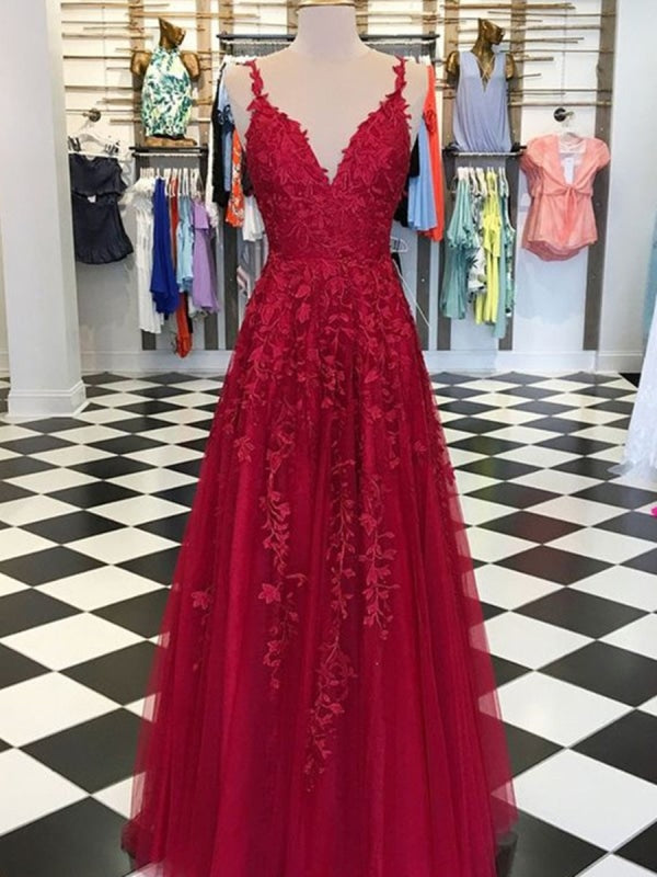 A Line V Neck tti Straps Floor Length Backless Burgundy/Red Lace Long Prom Dresses, Lace Burgundy/Red Formal Dresses