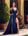 A Line V Neck tti Straps Navy Blue Prom Dresses with High Slit, Navy Blue V Neck Formal Dresses, Navy Blue Satin Evening Dresses