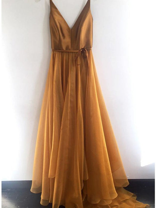A Line V Neck Spaghetti Straps Tulle Prom Dresses