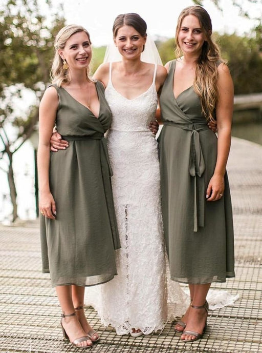 A-Line V-Neck Tea-Length Green Chiffon Bridesmaid Dress - Bridesmaid Dresses