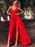 A Line V Neck Thin Straps Floor Length Red Prom Dresses with Slit, Red V Neck Formal Dresses, Red Evening Dresses
