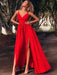 A Line V Neck Thin Straps Floor Length Red Prom Dresses with Slit, Red V Neck Formal Dresses, Red Evening Dresses