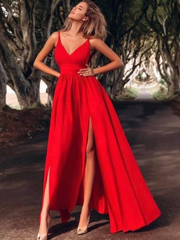 A Line V Neck Thin Straps Floor Length Red Prom Dresses with Slit, Red V Neck Formal Dresses, Red Evening Dresses
