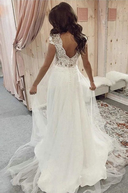 A Line V Neck Tulle Beach with Ivory Lace Top Long Wedding Dress - Wedding Dresses