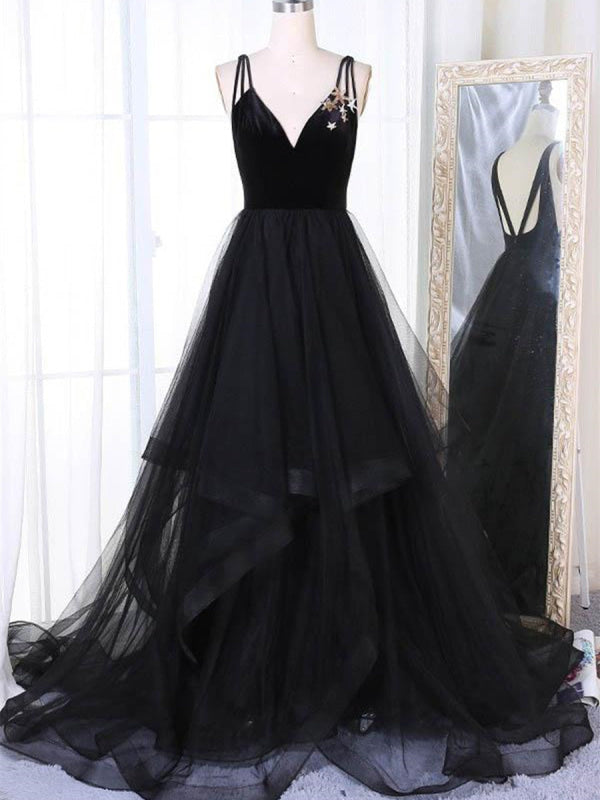 Ball Gown V Neck Black Long Sleeves Tulle Sequins Prom Dress LBQ3072 main image 0